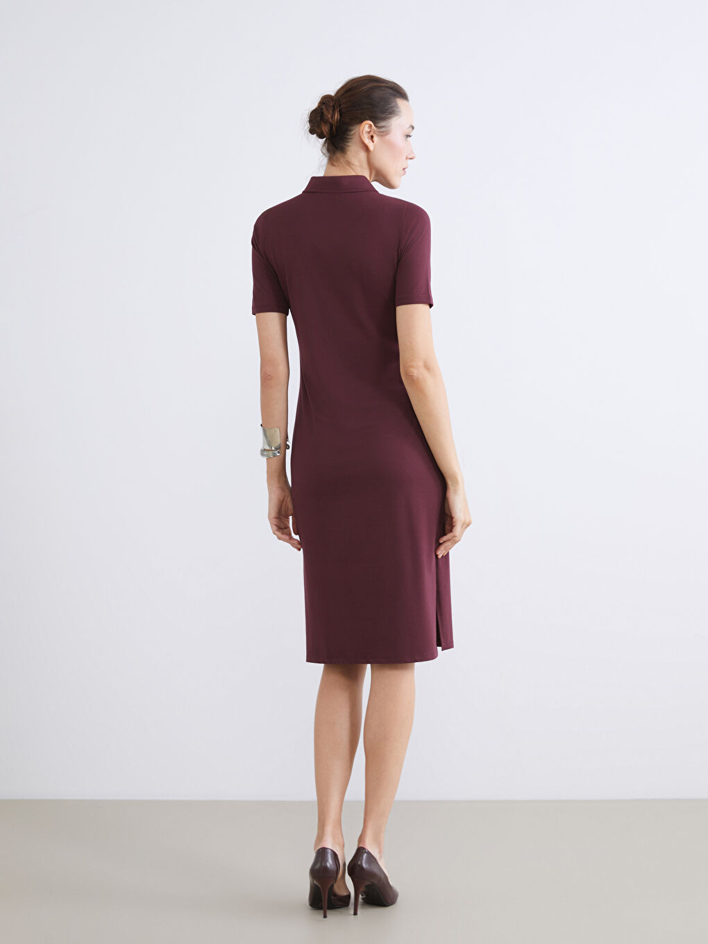 Bordo Polo Yaka A Kesim Modal Karışımlı Elbise-3
