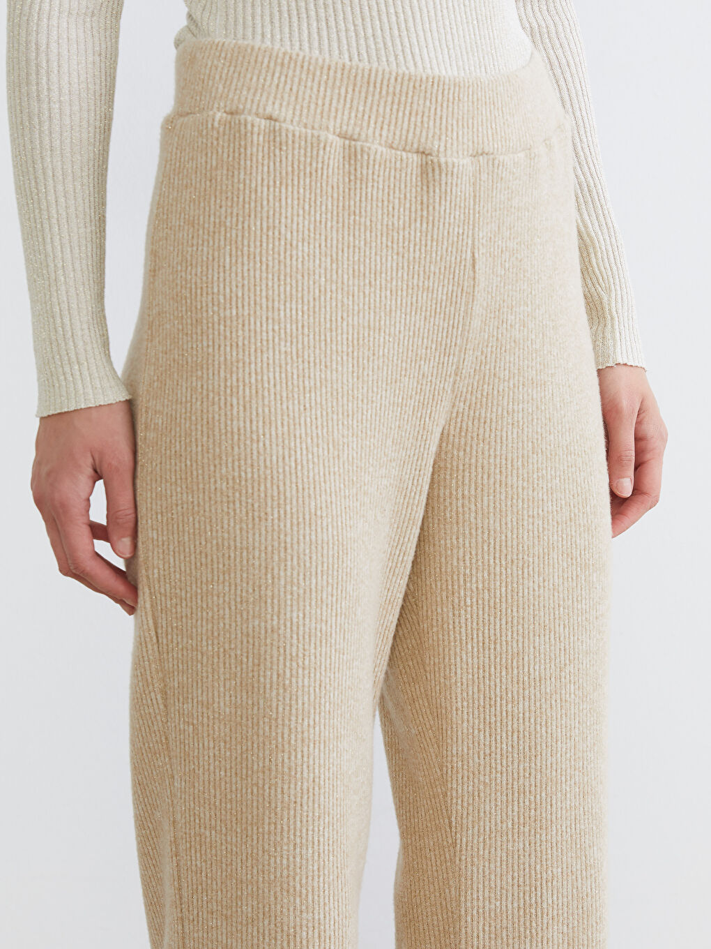 Bej Beli Lastikli Kadın Pantolon-2