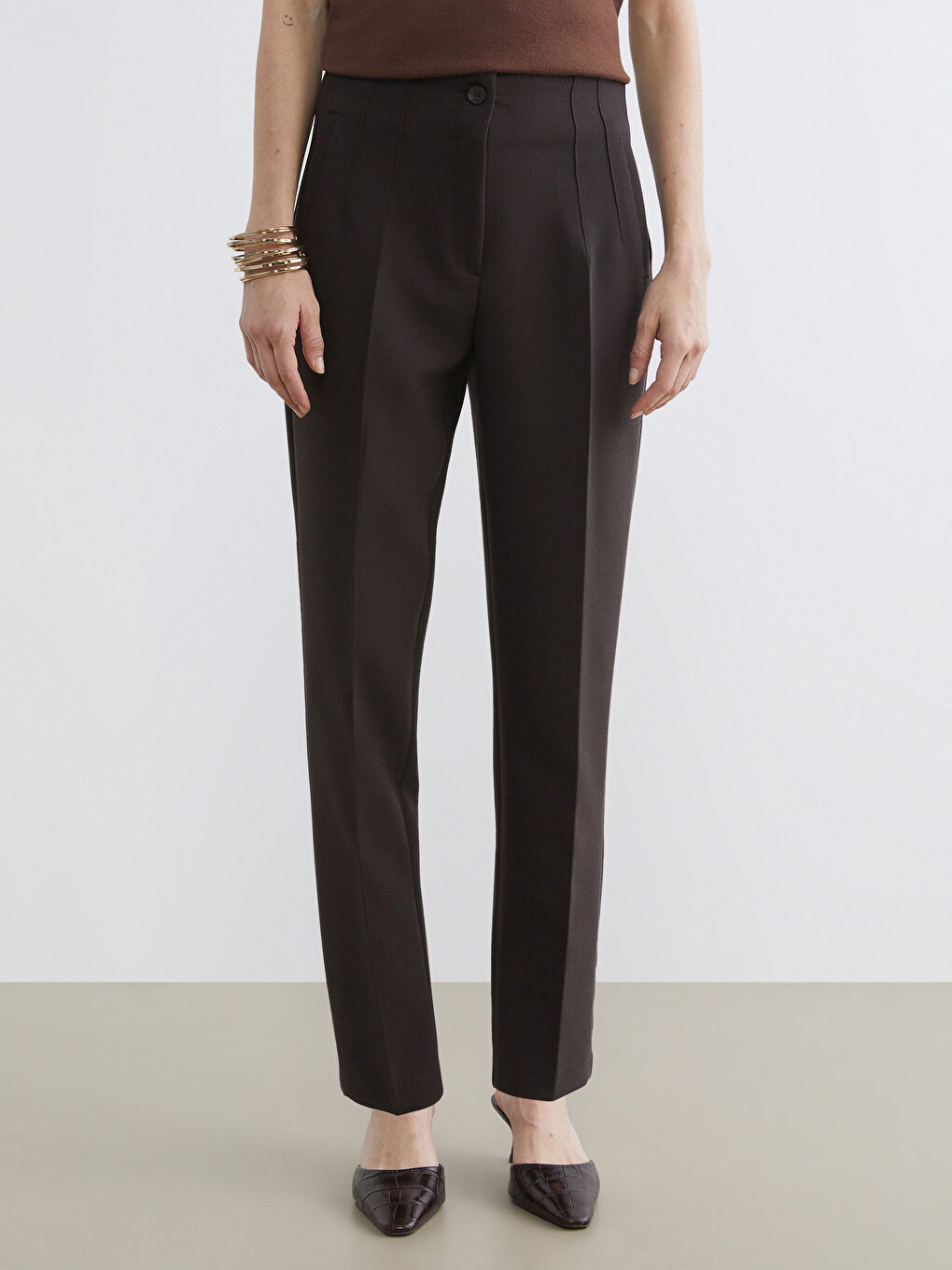 Kahverengi Yüksek Bel Cigarette Kadın Pantolon-1