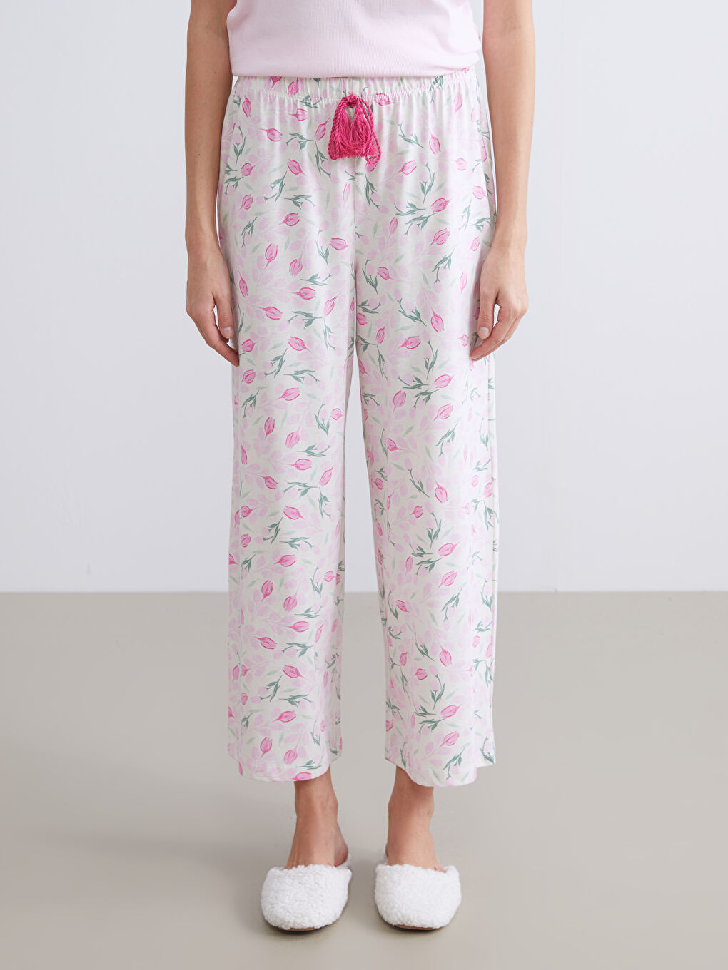 Ekru Beli Lastikli Çiçekli Kadın Pijama Alt-1