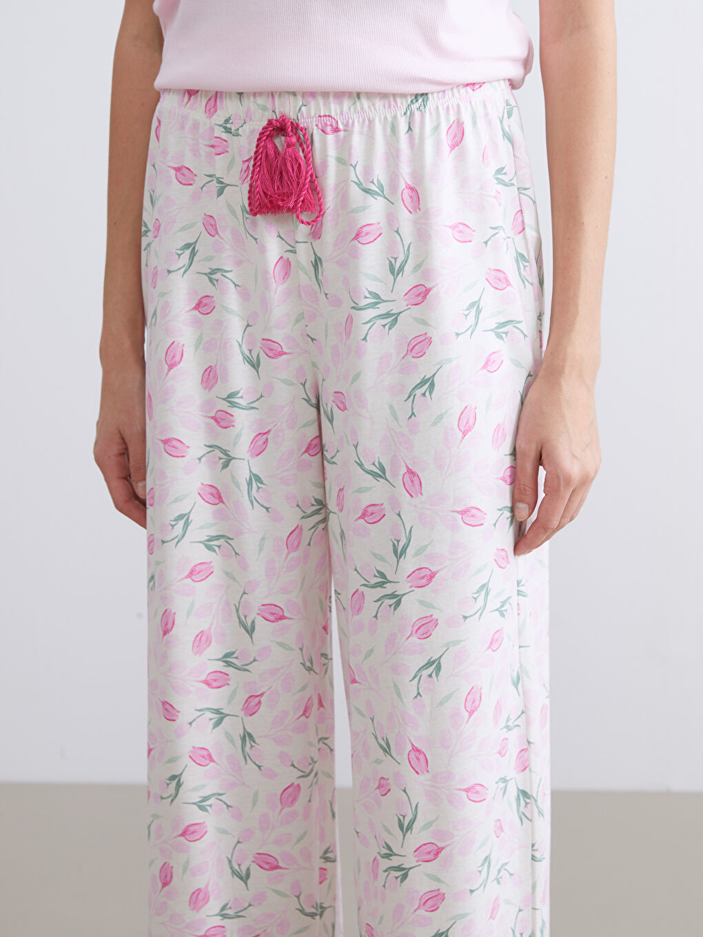 Ekru Beli Lastikli Çiçekli Kadın Pijama Alt-2