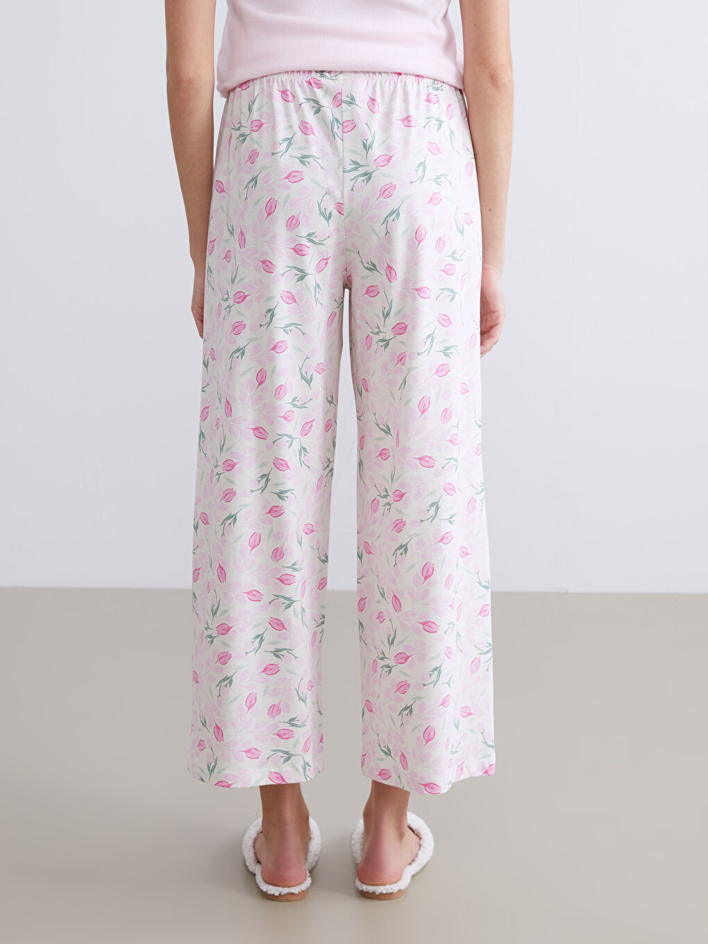 Ekru Beli Lastikli Çiçekli Kadın Pijama Alt-3