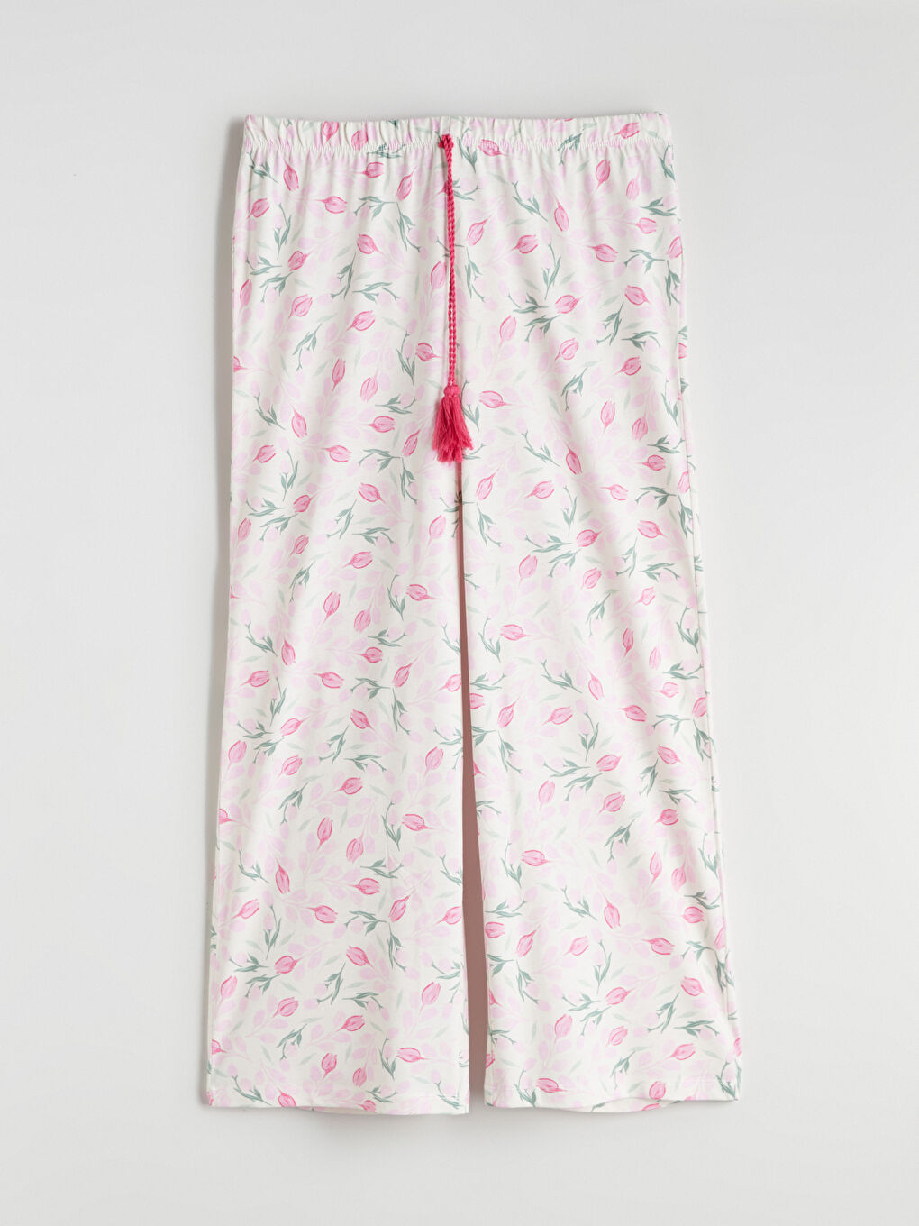 Ekru Beli Lastikli Çiçekli Kadın Pijama Alt-4