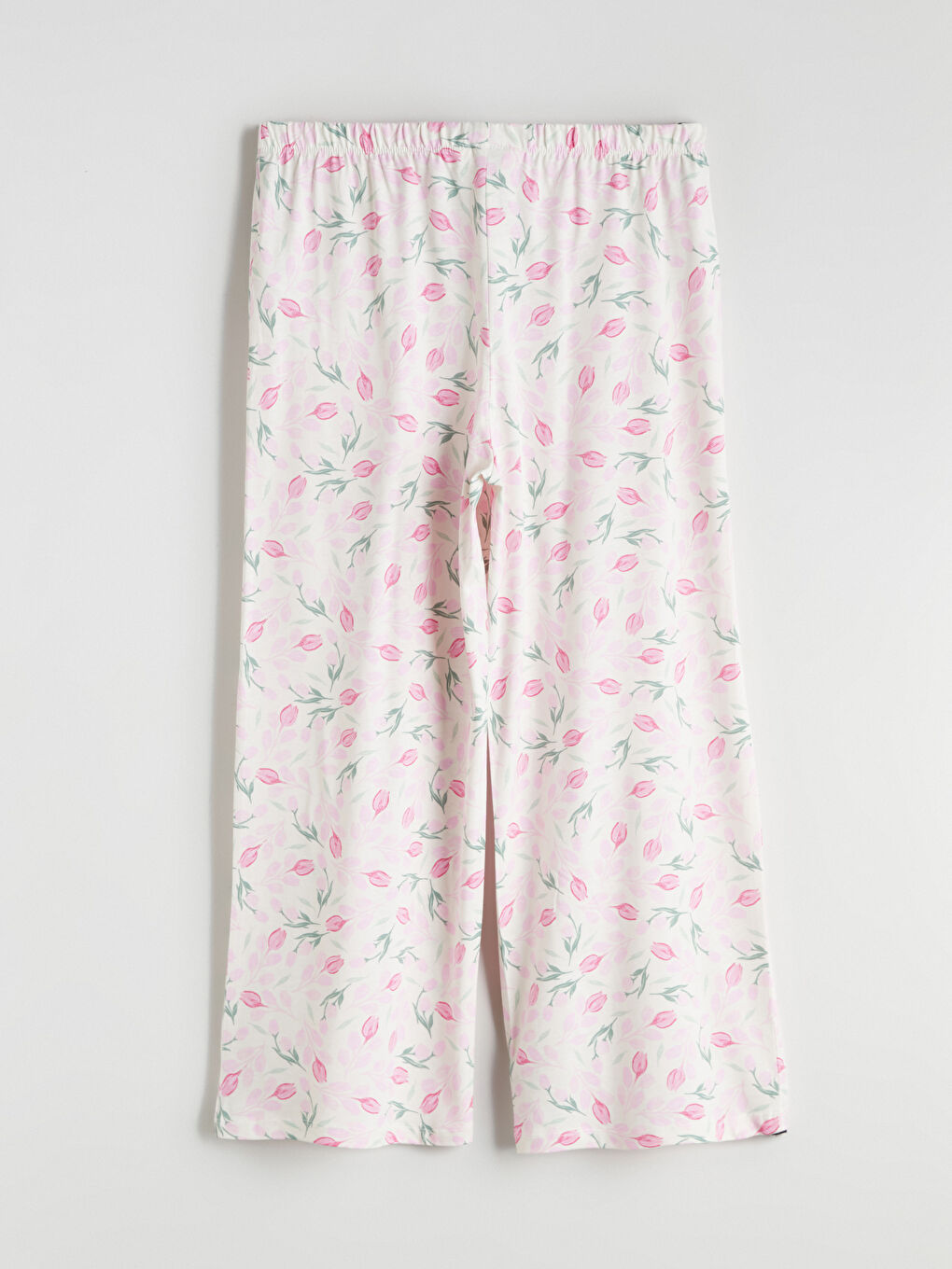 Ekru Beli Lastikli Çiçekli Kadın Pijama Alt-5