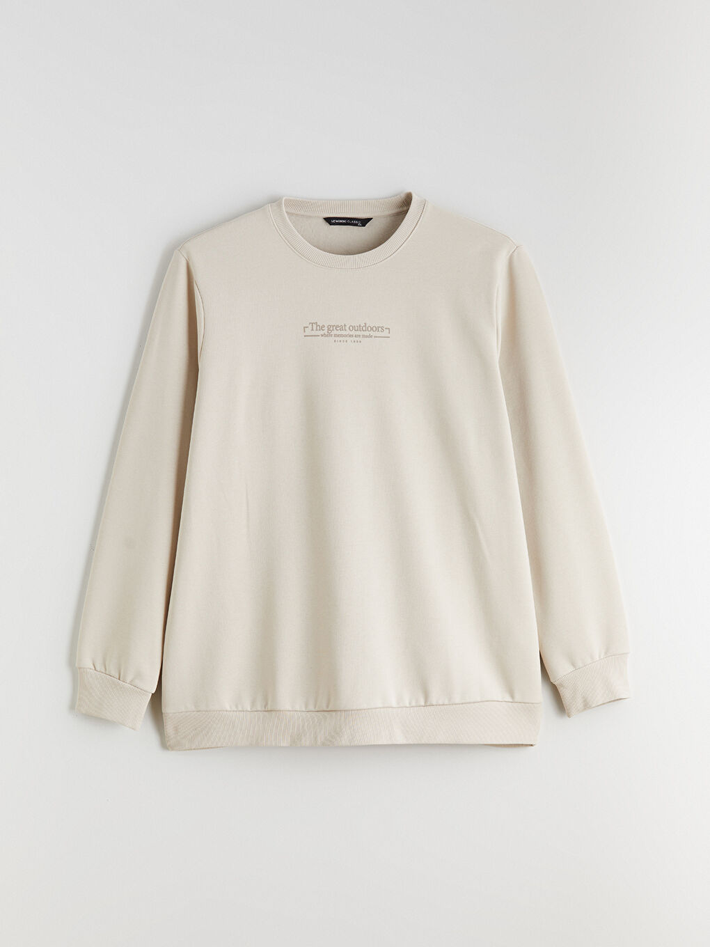 Bej Büyük Beden Bisiklet Yaka Baskılı Kalın Erkek Sweatshirt-4