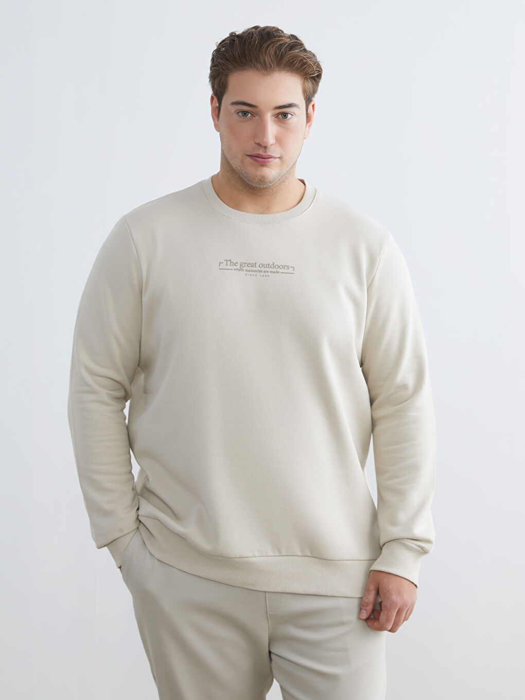 Bej Büyük Beden Bisiklet Yaka Baskılı Kalın Erkek Sweatshirt