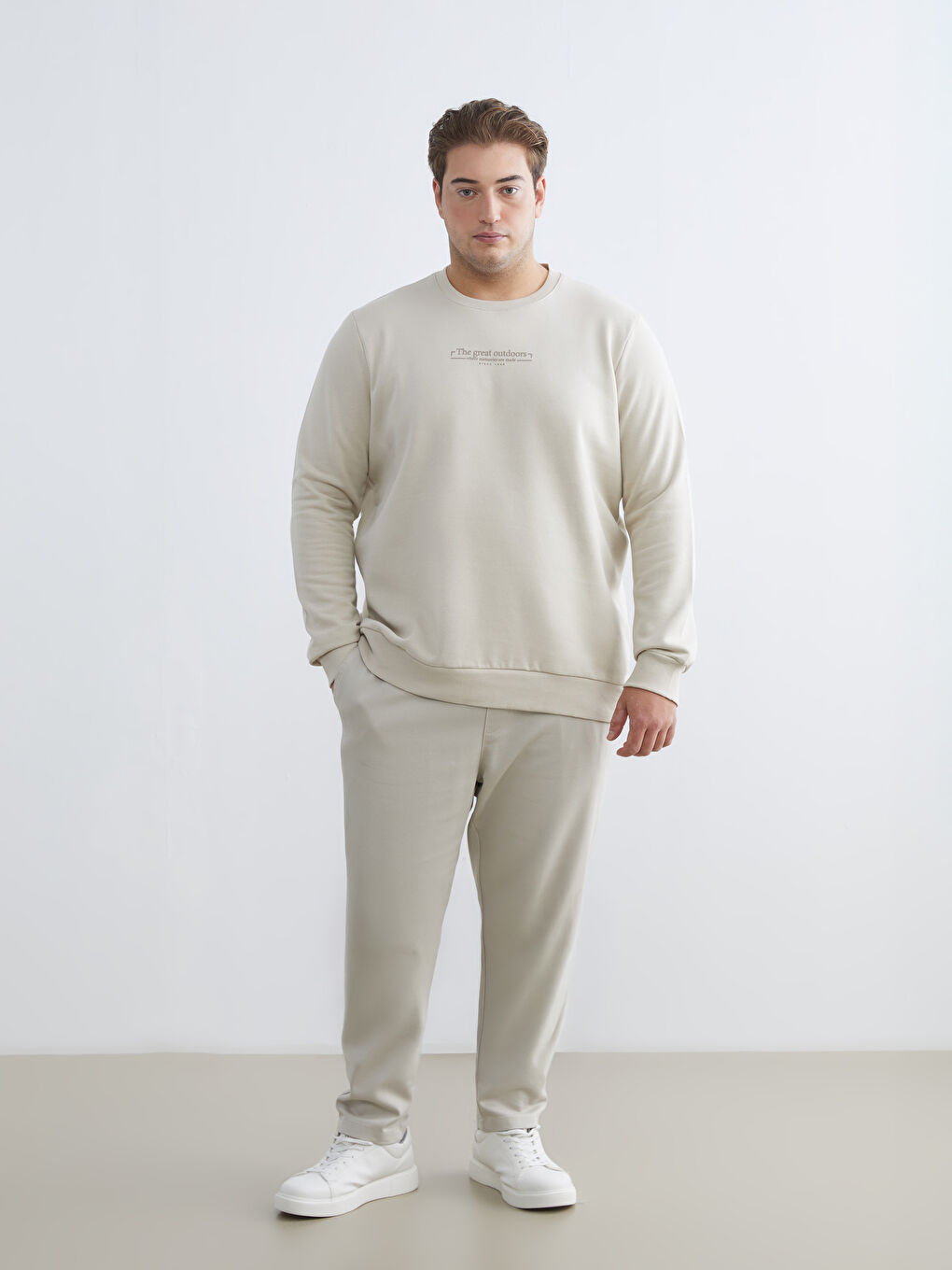 Bej Büyük Beden Bisiklet Yaka Baskılı Kalın Erkek Sweatshirt-1