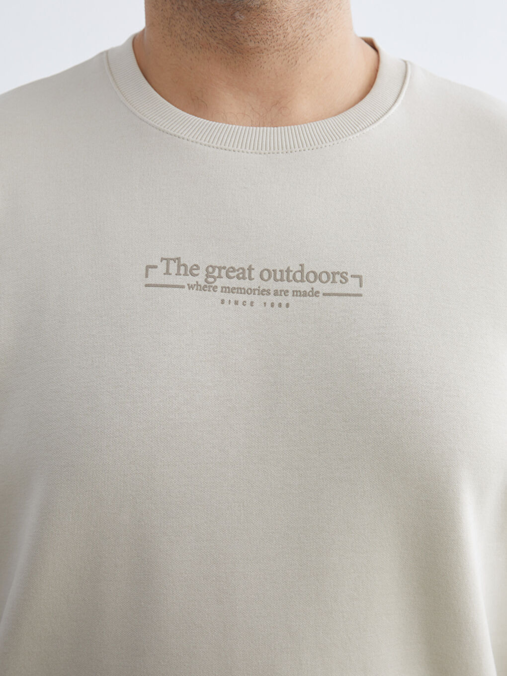 Bej Büyük Beden Bisiklet Yaka Baskılı Kalın Erkek Sweatshirt-2