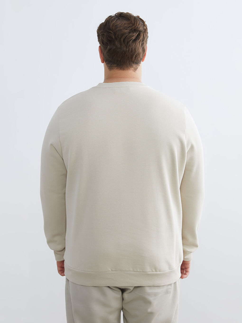 Bej Büyük Beden Bisiklet Yaka Baskılı Kalın Erkek Sweatshirt-3