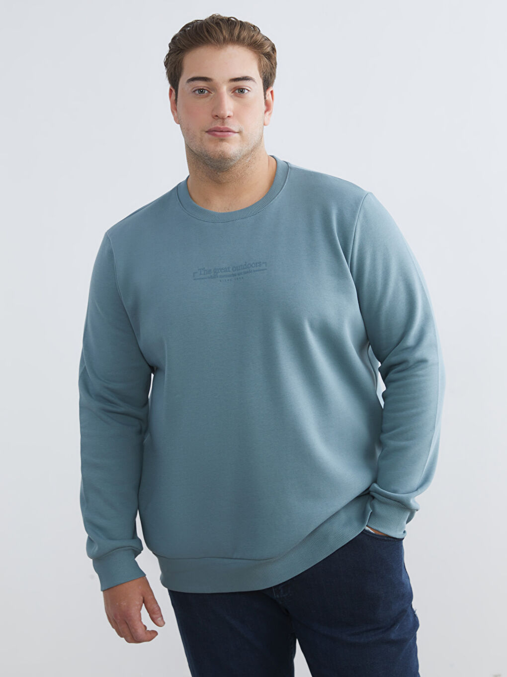 İndigo Büyük Beden Bisiklet Yaka Baskılı Kalın Erkek Sweatshirt