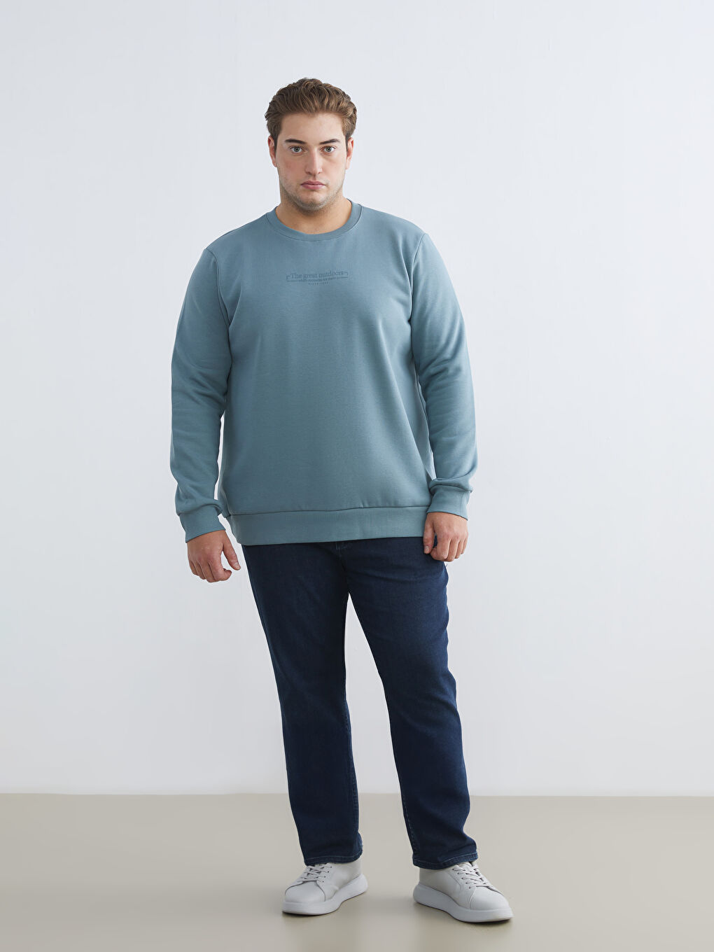 İndigo Büyük Beden Bisiklet Yaka Baskılı Kalın Erkek Sweatshirt-1