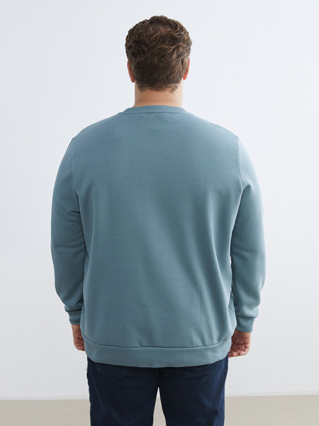 İndigo Büyük Beden Bisiklet Yaka Baskılı Kalın Erkek Sweatshirt-3