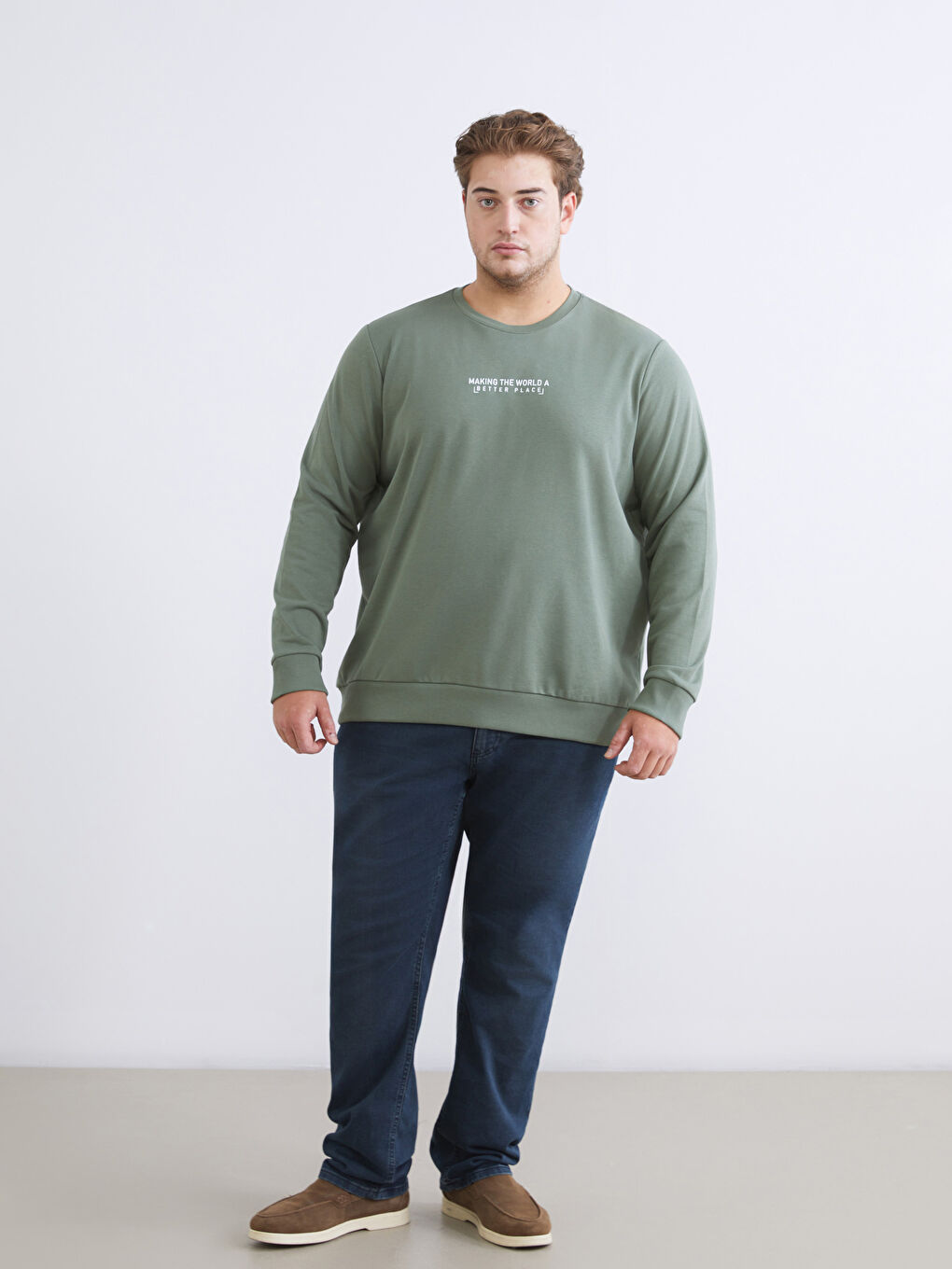 Yeşil Bisiklet Yaka Baskılı Erkek Sweatshirt-1