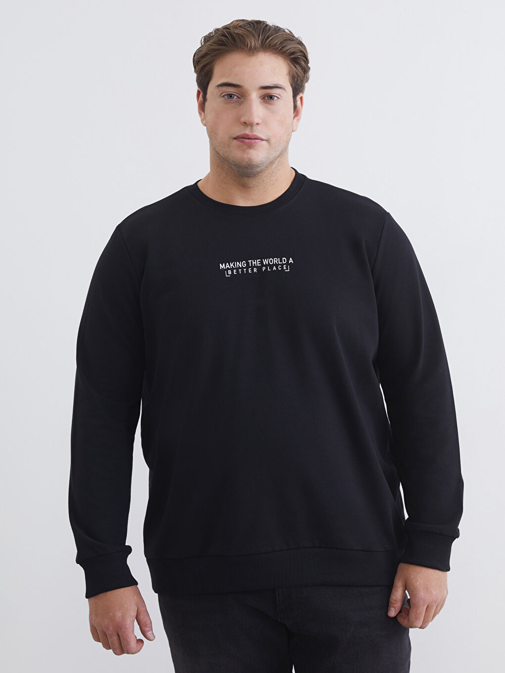 Siyah Bisiklet Yaka Baskılı Erkek Sweatshirt