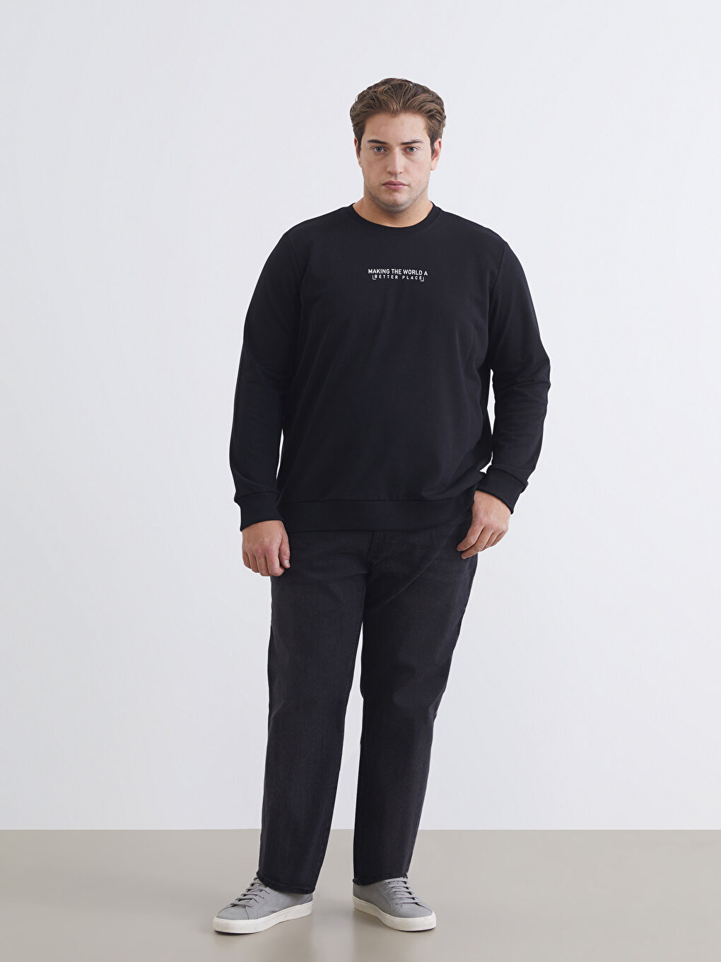 Siyah Bisiklet Yaka Baskılı Erkek Sweatshirt-1