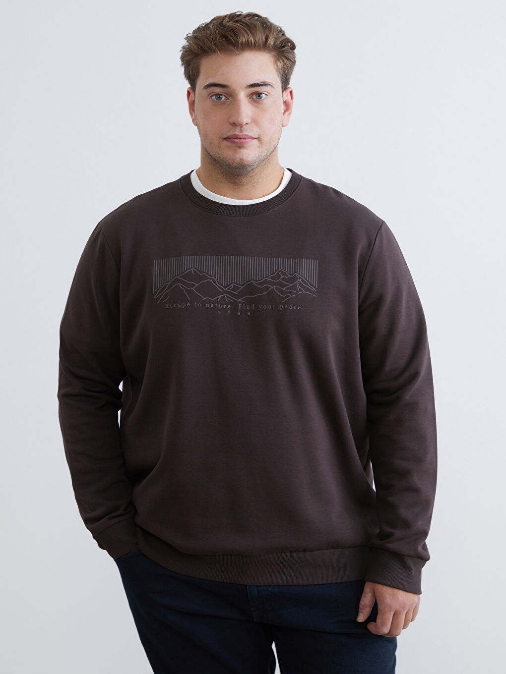 Kahverengi Büyük Beden Bisiklet Yaka Baskılı Erkek Kalın Sweatshirt