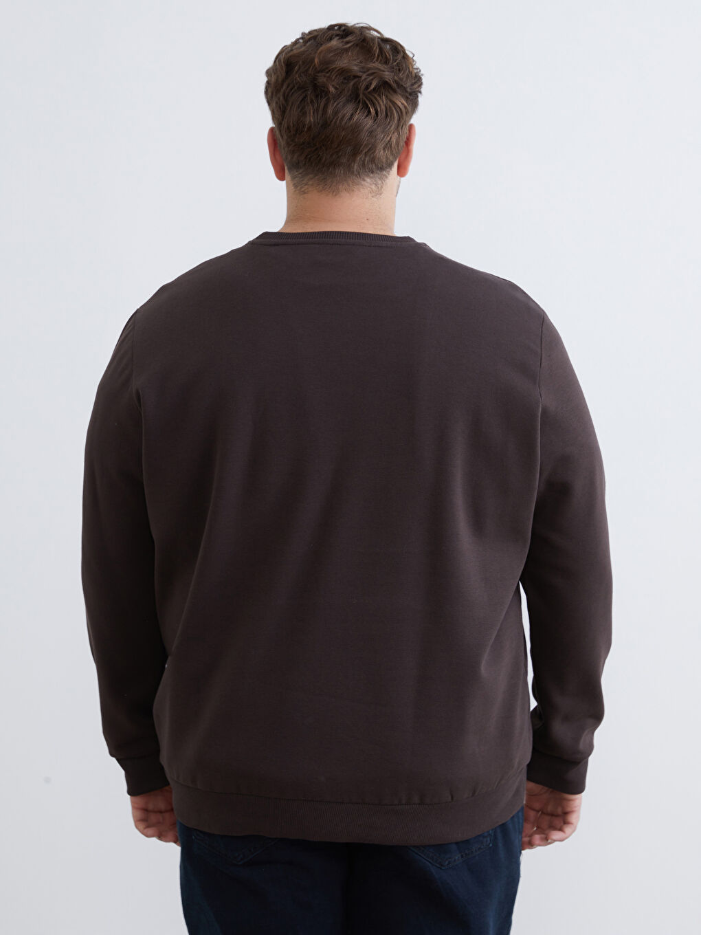 Kahverengi Büyük Beden Bisiklet Yaka Baskılı Erkek Kalın Sweatshirt-3