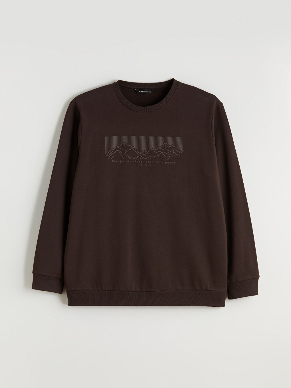 Kahverengi Büyük Beden Bisiklet Yaka Baskılı Erkek Kalın Sweatshirt-4