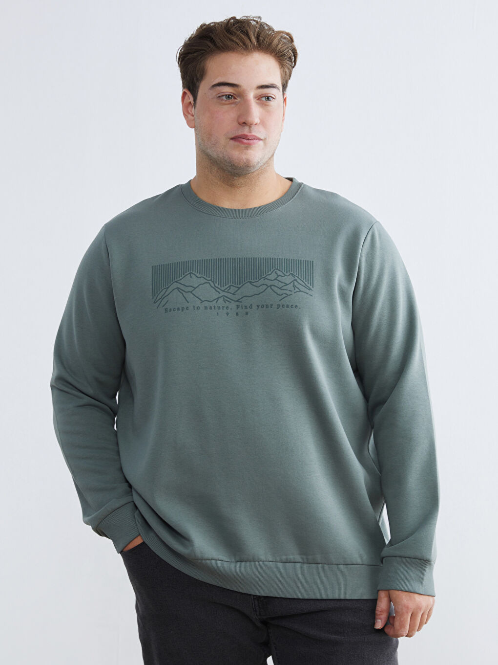 Yeşil Büyük Beden Bisiklet Yaka Baskılı Erkek Kalın Sweatshirt