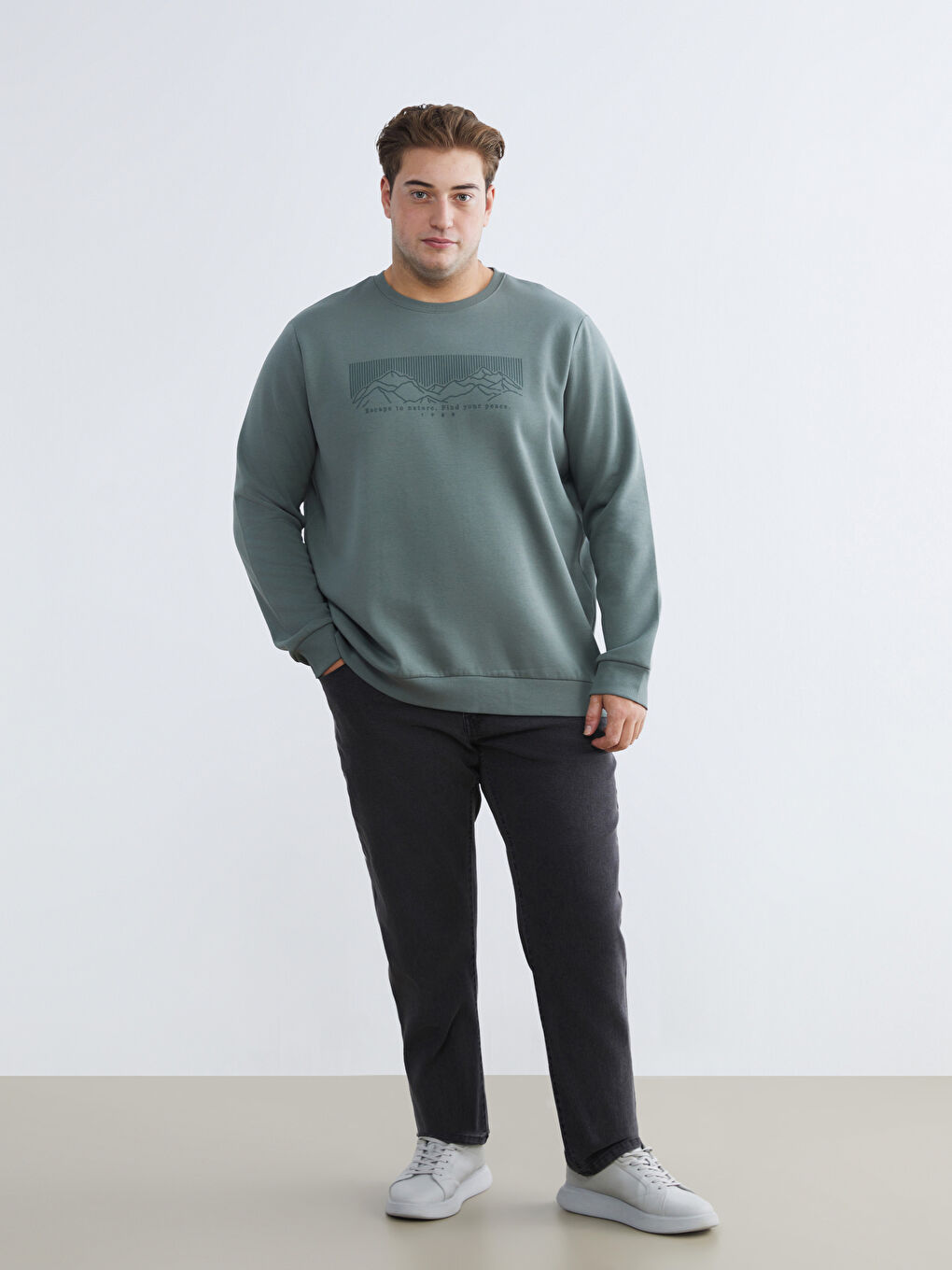 Yeşil Büyük Beden Bisiklet Yaka Baskılı Erkek Kalın Sweatshirt-3