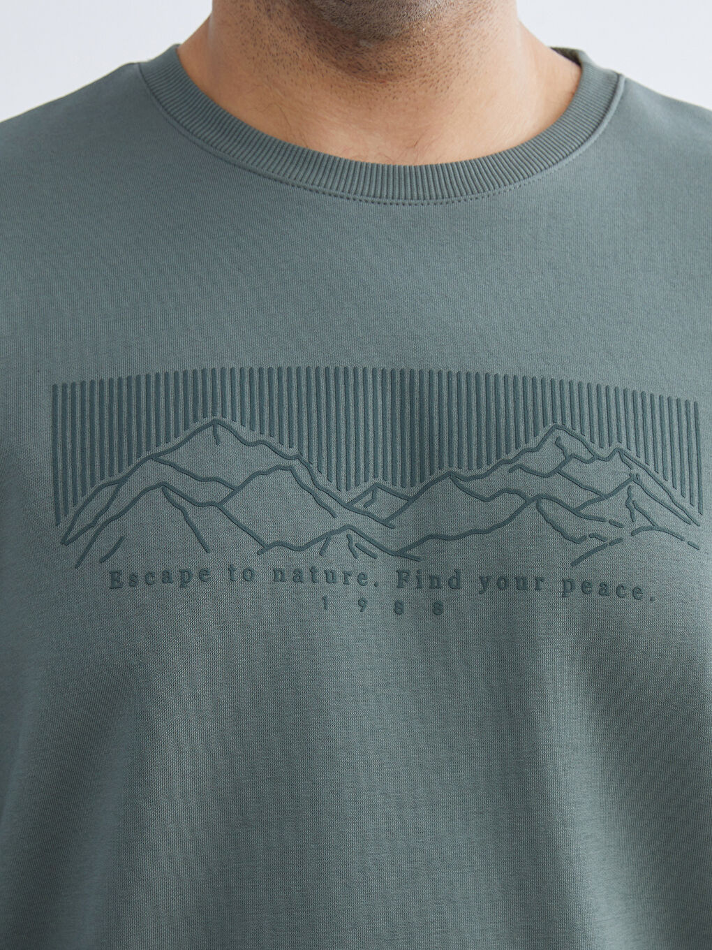 Yeşil Büyük Beden Bisiklet Yaka Baskılı Erkek Kalın Sweatshirt-5