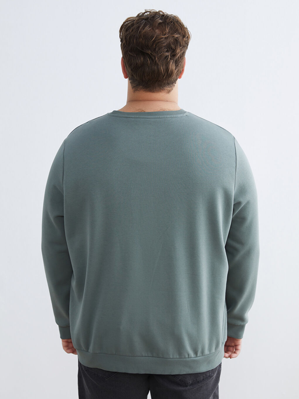 Yeşil Büyük Beden Bisiklet Yaka Baskılı Erkek Kalın Sweatshirt-7