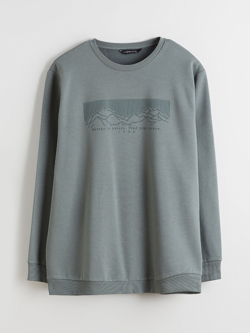 Yeşil Büyük Beden Bisiklet Yaka Baskılı Erkek Kalın Sweatshirt-8