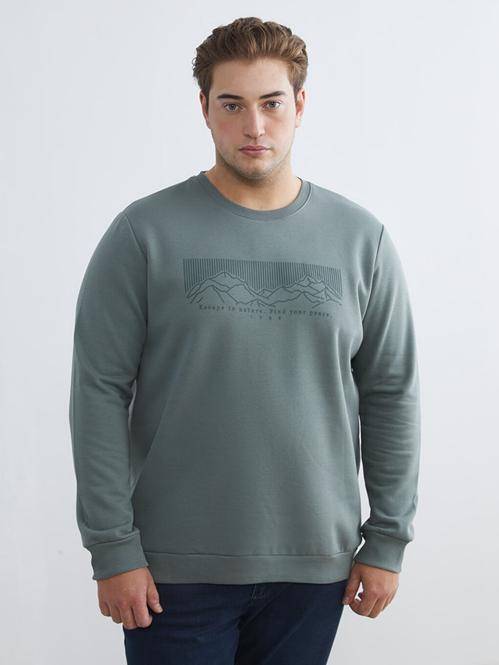 Yeşil Büyük Beden Bisiklet Yaka Baskılı Erkek Kalın Sweatshirt-1
