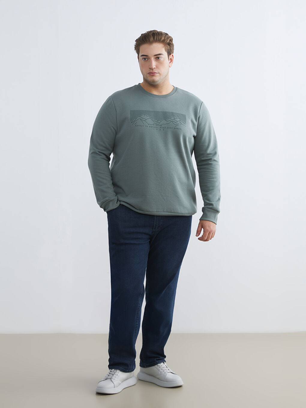 Yeşil Büyük Beden Bisiklet Yaka Baskılı Erkek Kalın Sweatshirt-2