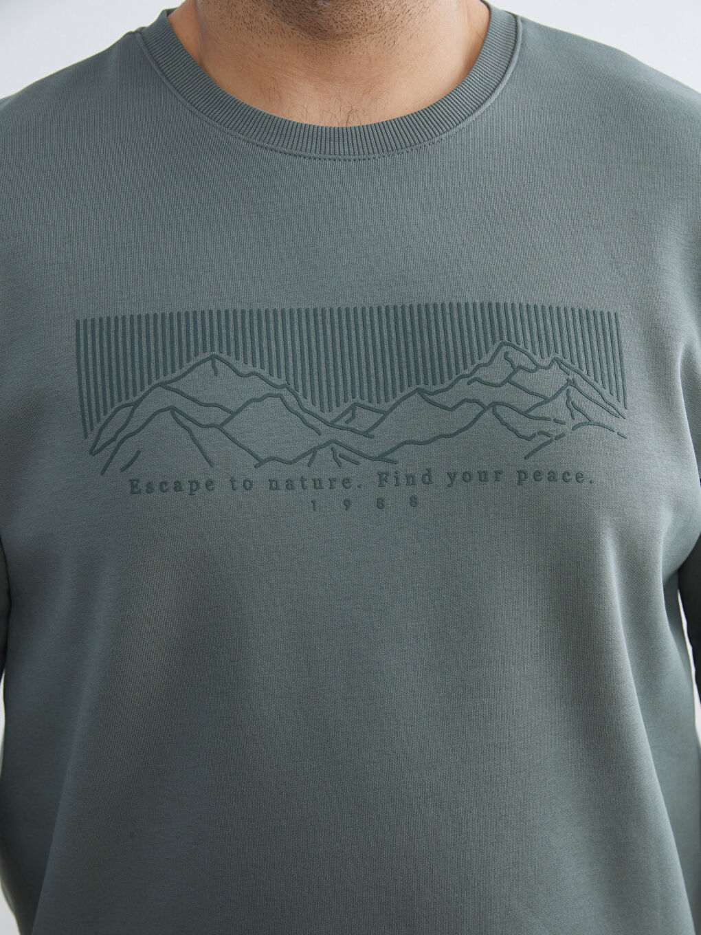 Yeşil Büyük Beden Bisiklet Yaka Baskılı Erkek Kalın Sweatshirt-4