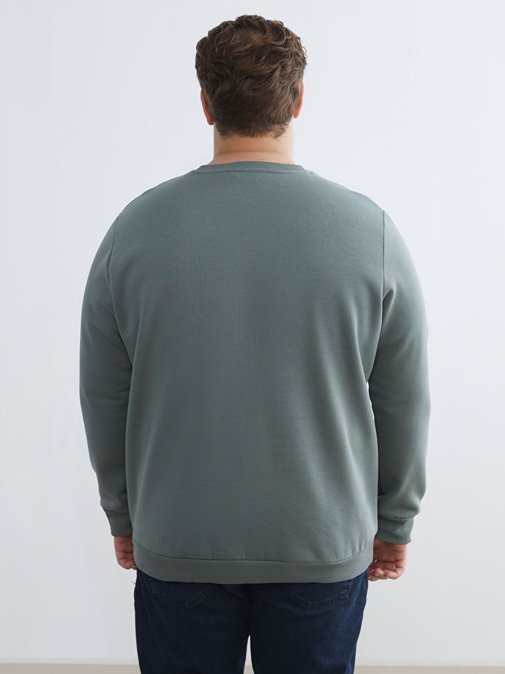 Yeşil Büyük Beden Bisiklet Yaka Baskılı Erkek Kalın Sweatshirt-6