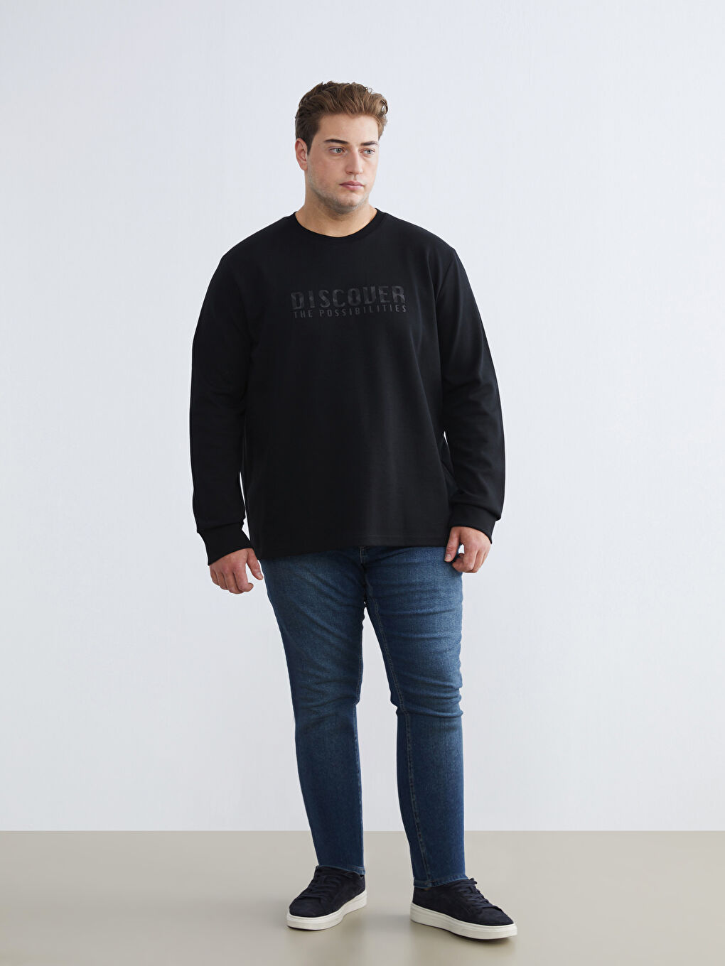 Siyah Büyük Beden Bisiklet Yaka Baskılı Erkek Sweatshirt-1