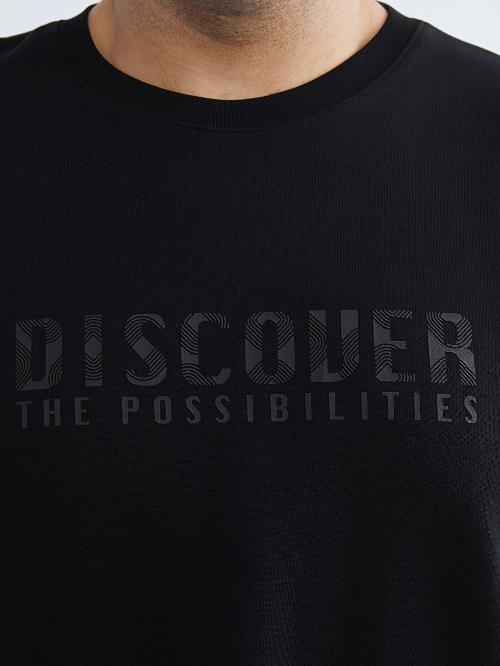 Siyah Büyük Beden Bisiklet Yaka Baskılı Erkek Sweatshirt-2