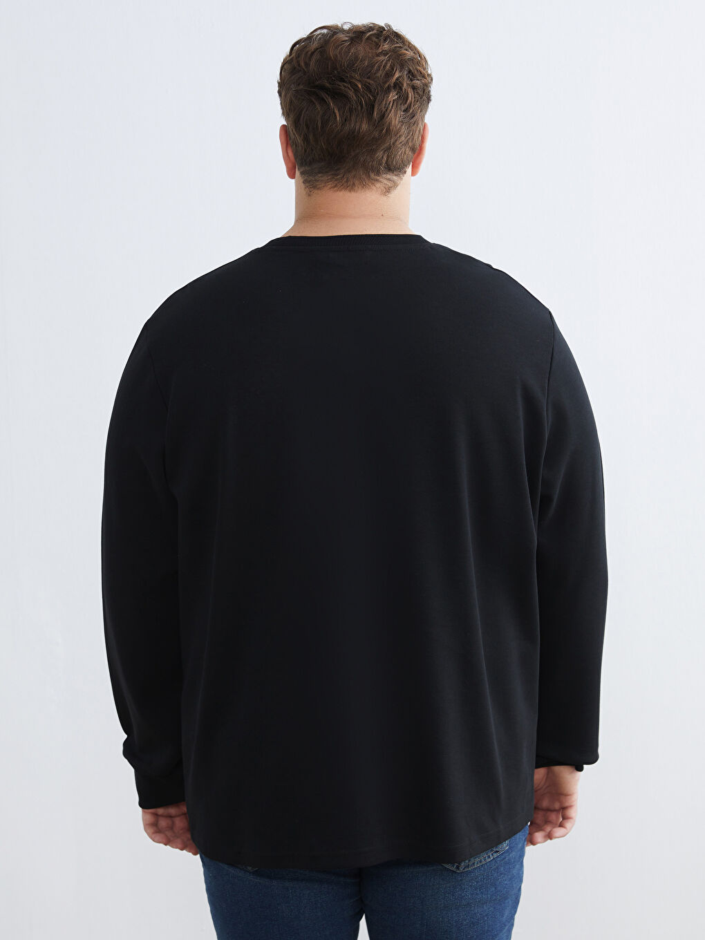 Siyah Büyük Beden Bisiklet Yaka Baskılı Erkek Sweatshirt-3