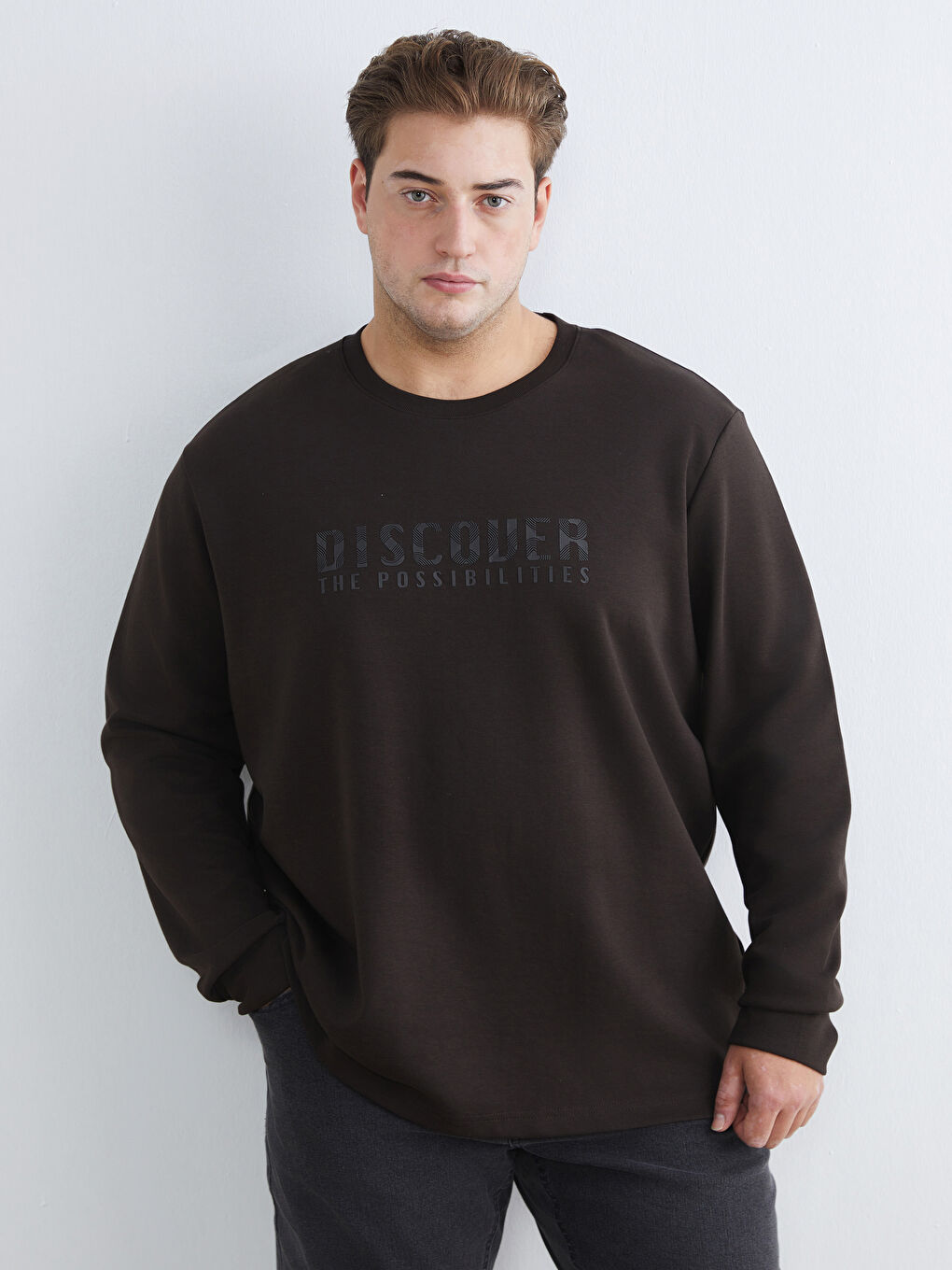 Kahverengi Büyük Beden Bisiklet Yaka Baskılı Erkek Sweatshirt