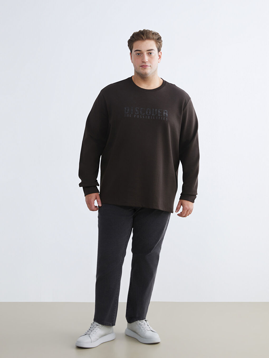 Kahverengi Büyük Beden Bisiklet Yaka Baskılı Erkek Sweatshirt-1