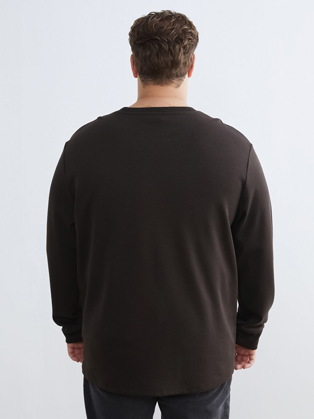 Kahverengi Büyük Beden Bisiklet Yaka Baskılı Erkek Sweatshirt-3