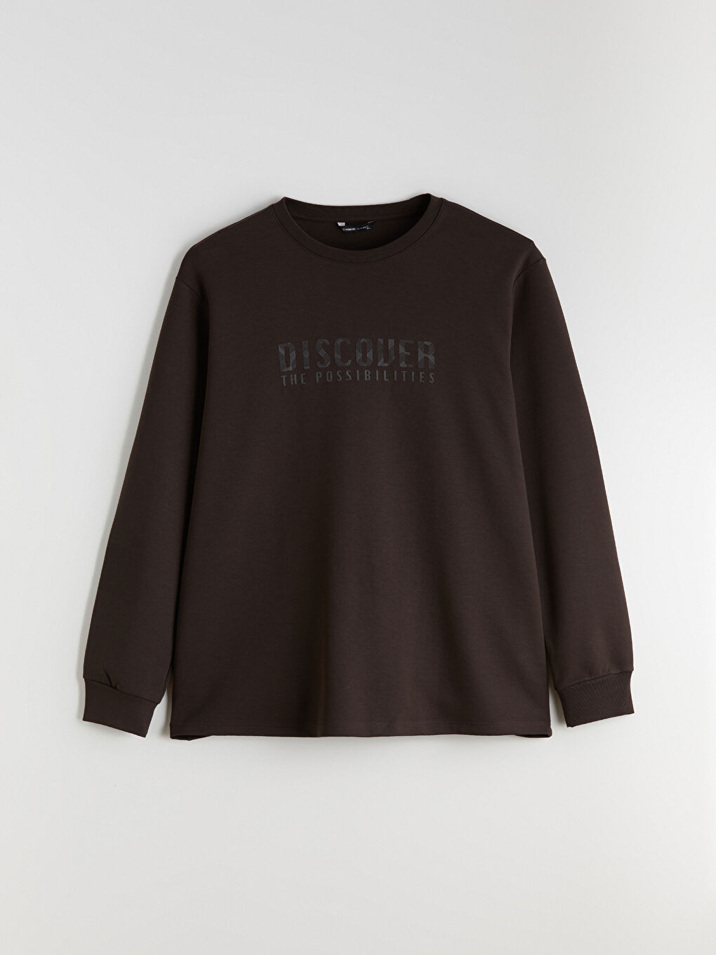 Kahverengi Büyük Beden Bisiklet Yaka Baskılı Erkek Sweatshirt-4