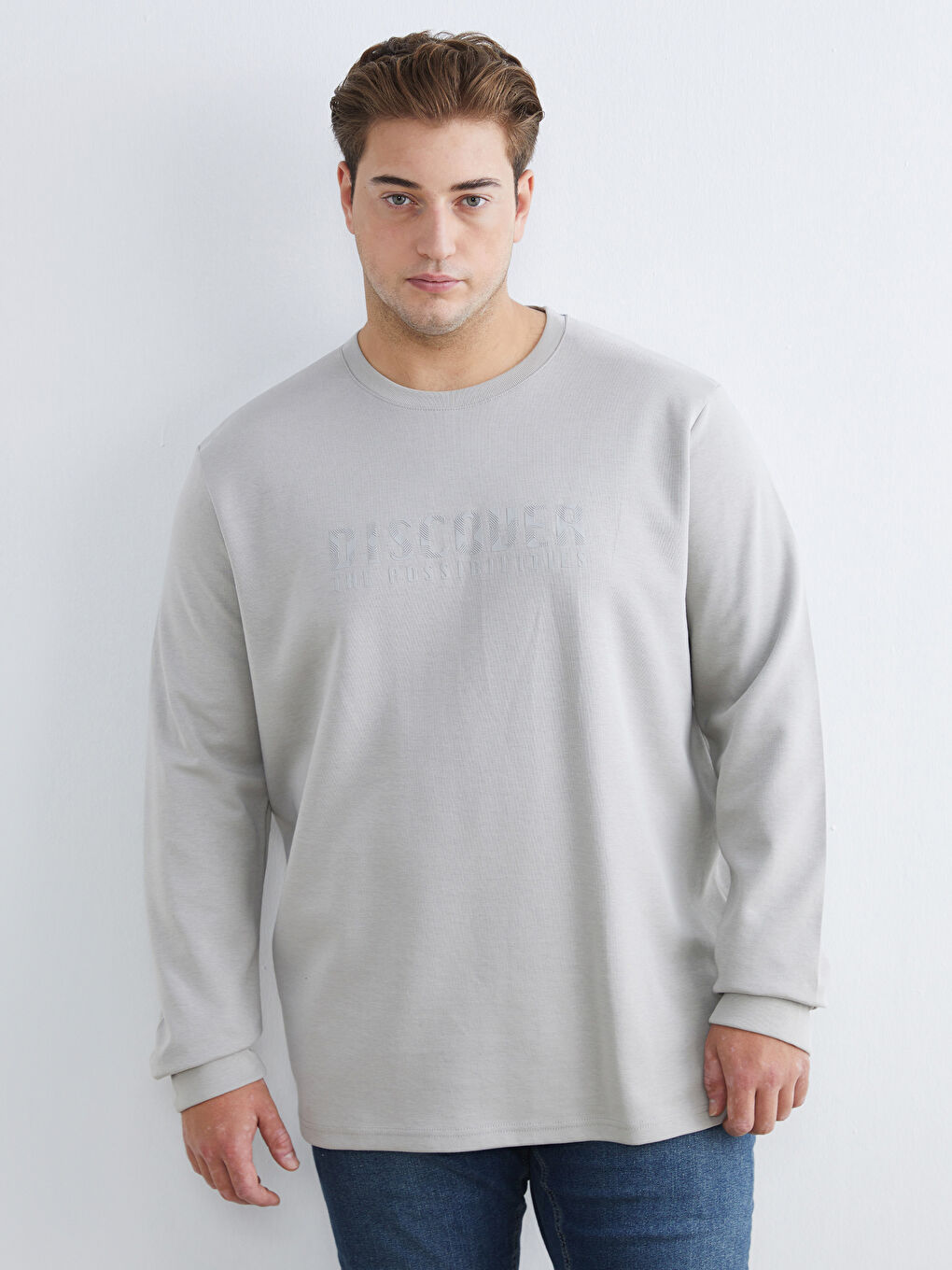 Gri Büyük Beden Bisiklet Yaka Baskılı Erkek Sweatshirt