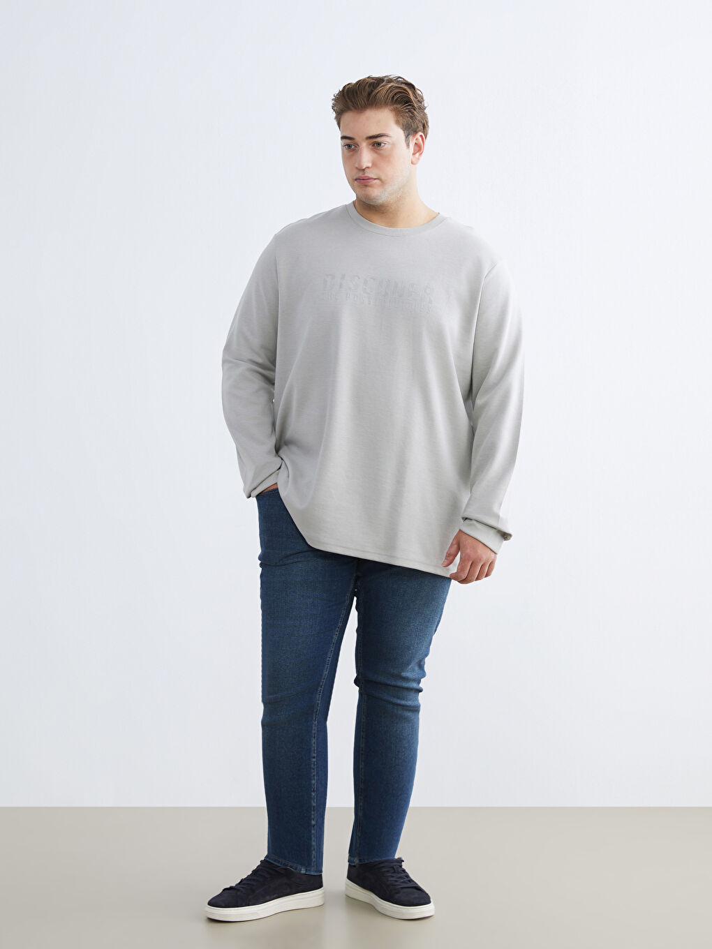 Gri Büyük Beden Bisiklet Yaka Baskılı Erkek Sweatshirt-1