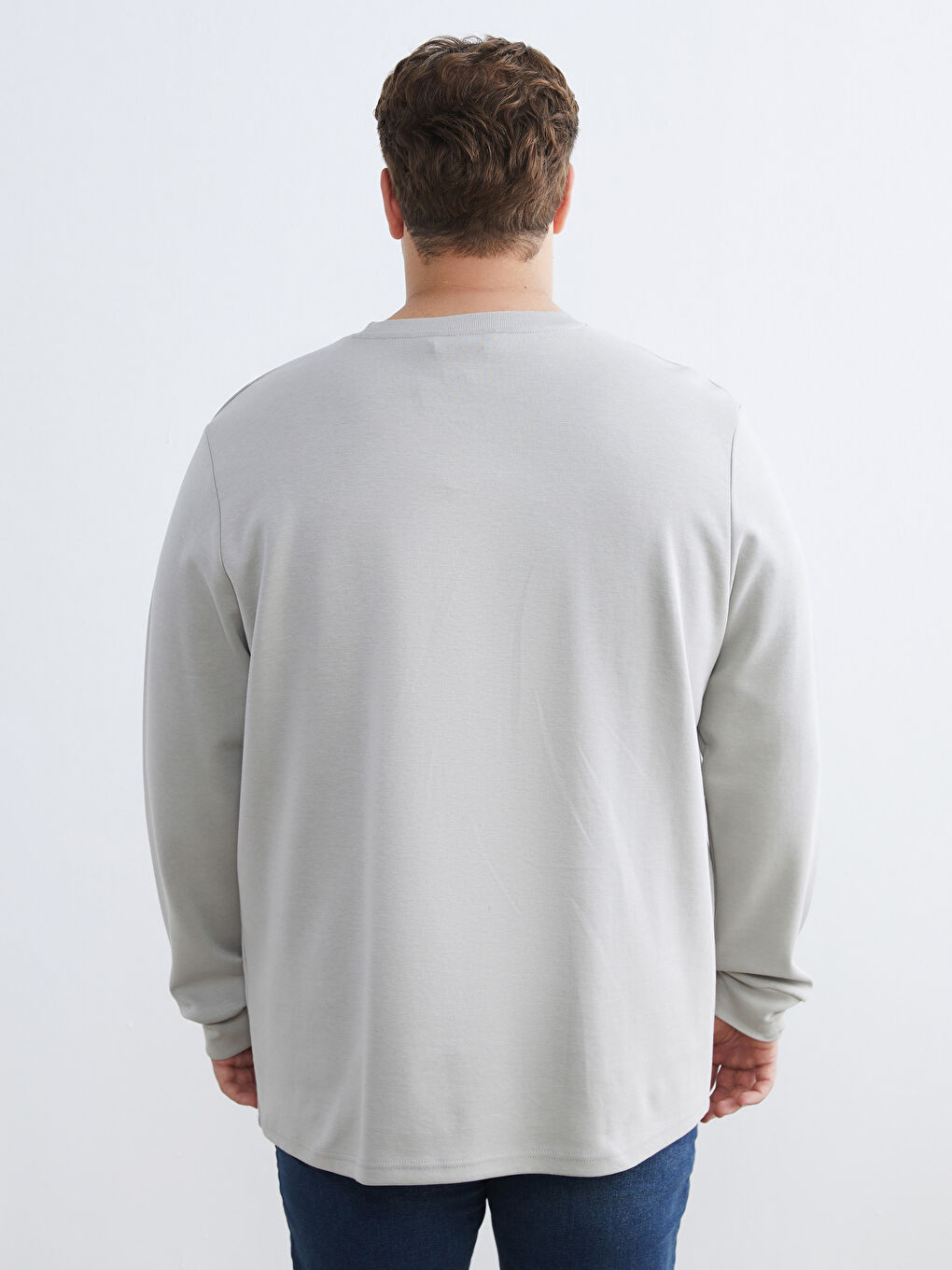 Gri Büyük Beden Bisiklet Yaka Baskılı Erkek Sweatshirt-3