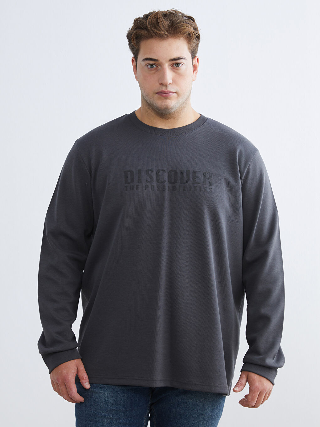 Antrasit Büyük Beden Bisiklet Yaka Baskılı Erkek Sweatshirt