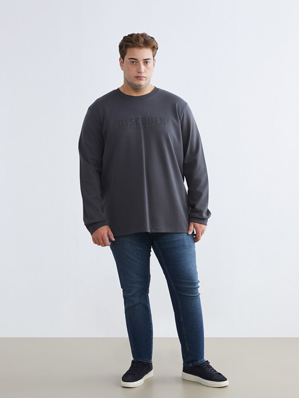 Antrasit Büyük Beden Bisiklet Yaka Baskılı Erkek Sweatshirt-1