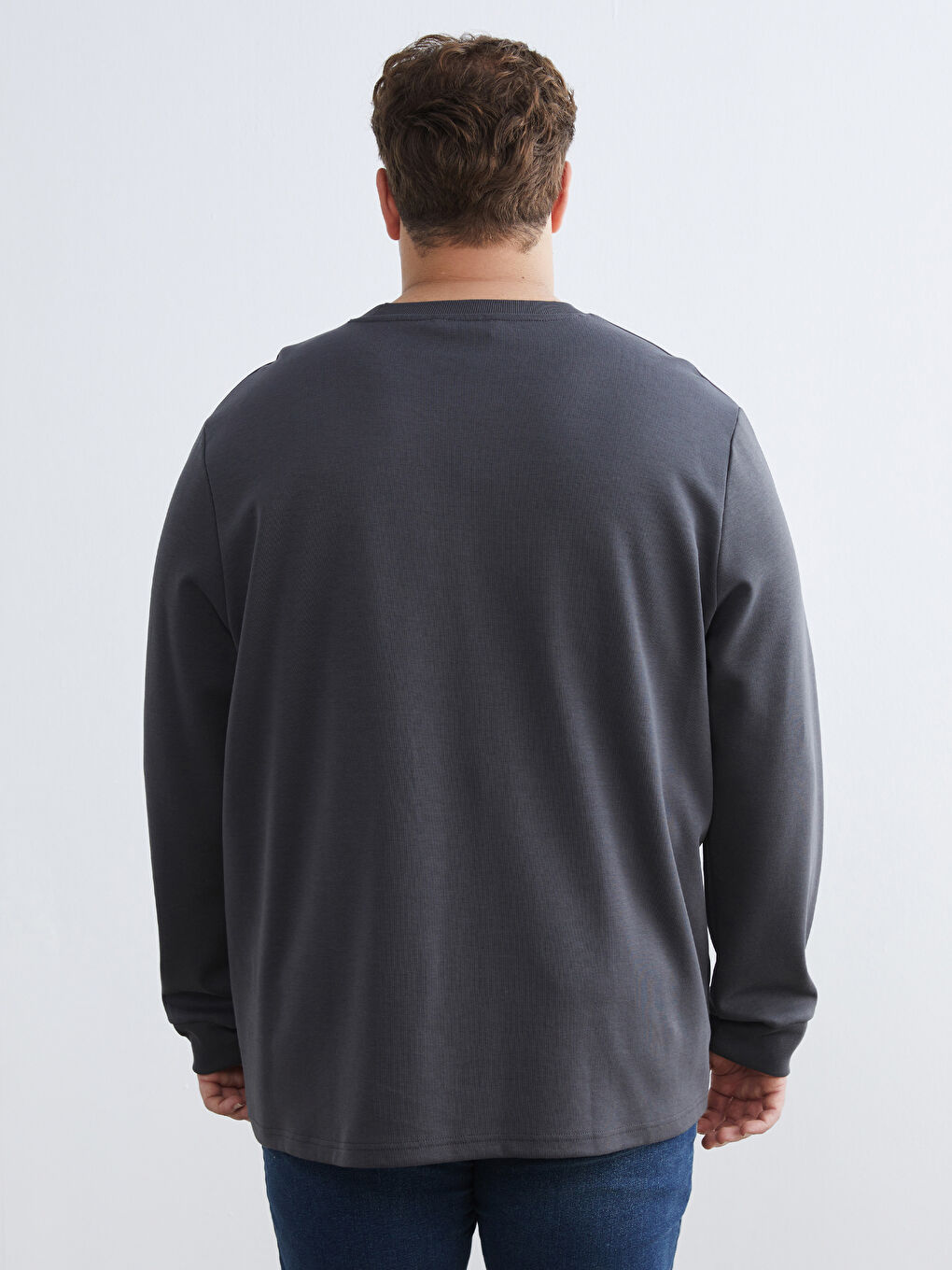 Antrasit Büyük Beden Bisiklet Yaka Baskılı Erkek Sweatshirt-3