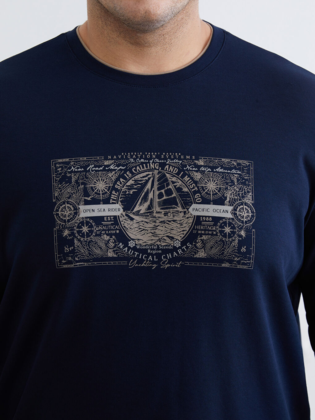 Lacivert Büyük Beden Bisiklet Yaka Uzun Kollu Baskılı Erkek Tişört-2