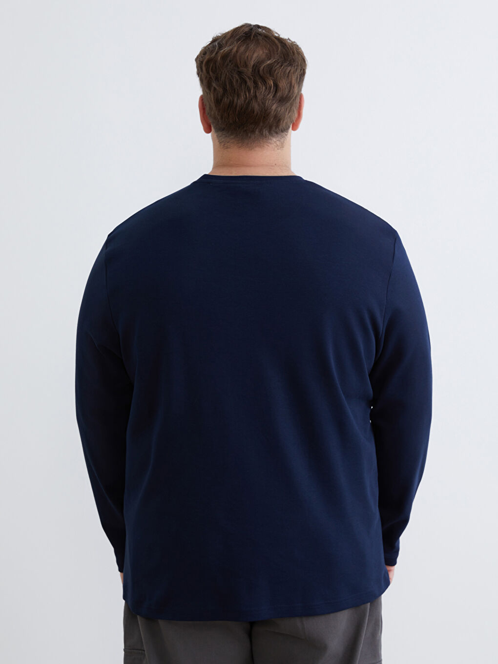 Lacivert Büyük Beden Bisiklet Yaka Uzun Kollu Baskılı Erkek Tişört-3