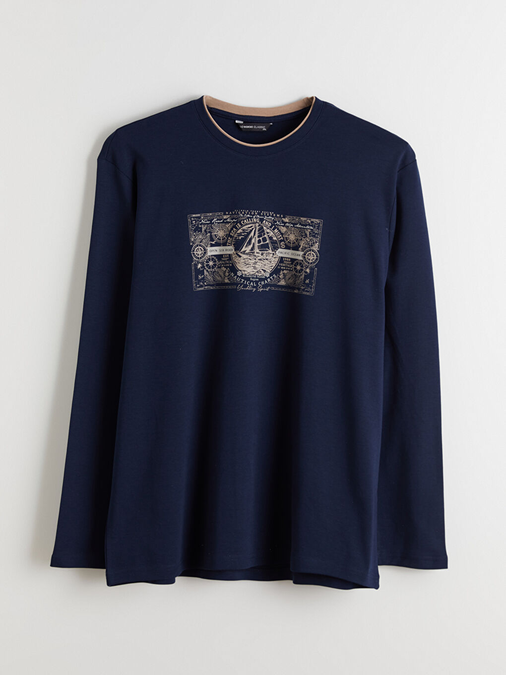 Lacivert Büyük Beden Bisiklet Yaka Uzun Kollu Baskılı Erkek Tişört-4