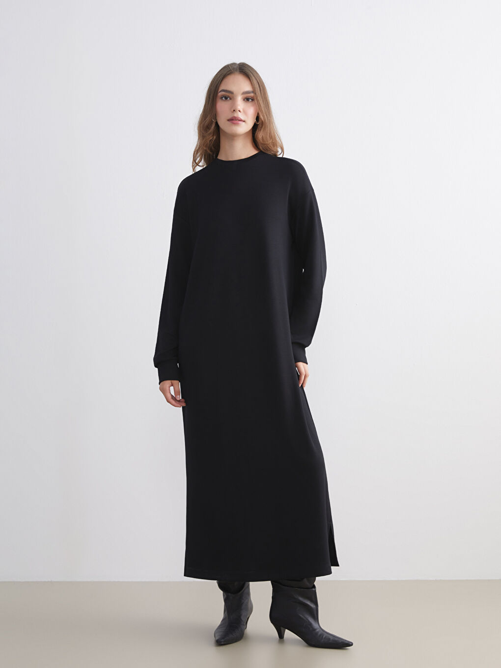 Siyah Bisiklet Yaka Sweat Elbise