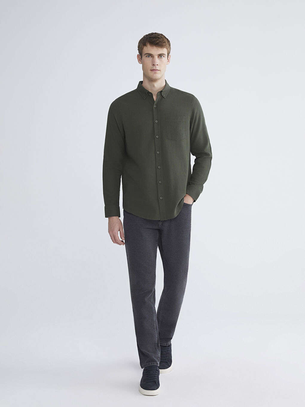 Haki Regular Fit Uzun Kollu Erkek Gömlek-1