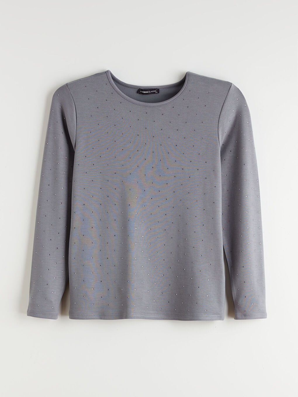 Gri Bisiklet Yaka Taşlı Kadın Tişört-2